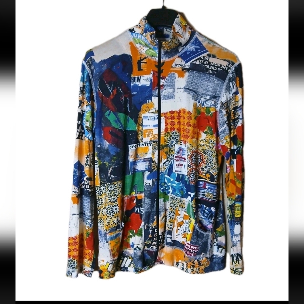 CHICO'S Stretch Park Drive "In Casual Zip Front Jacket Sz 1 Multicolor Abstract